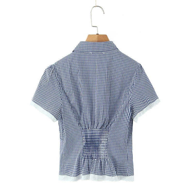 Plaid Short Sleeve Lapel Collar Top