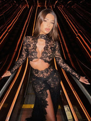 Black Lace Cut Out Long Sleeve Slit Maxi Dress