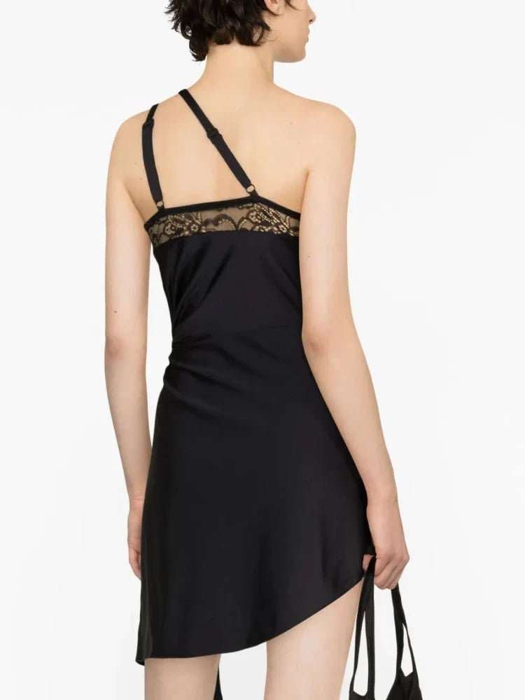 Black One Shoulder Lace Asymmetric Mini Dress
