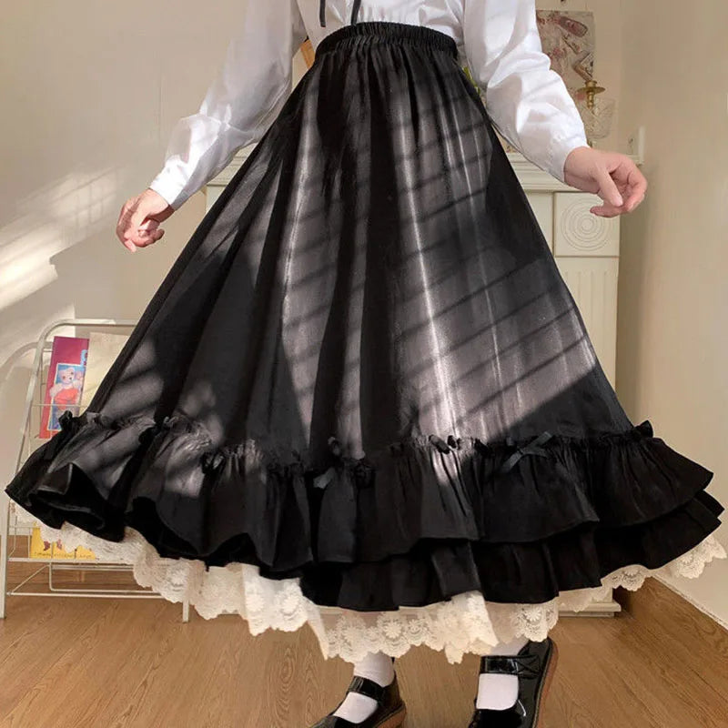Ruffles Lace Trim Bow Maxi Skirt - Preppy A-Line