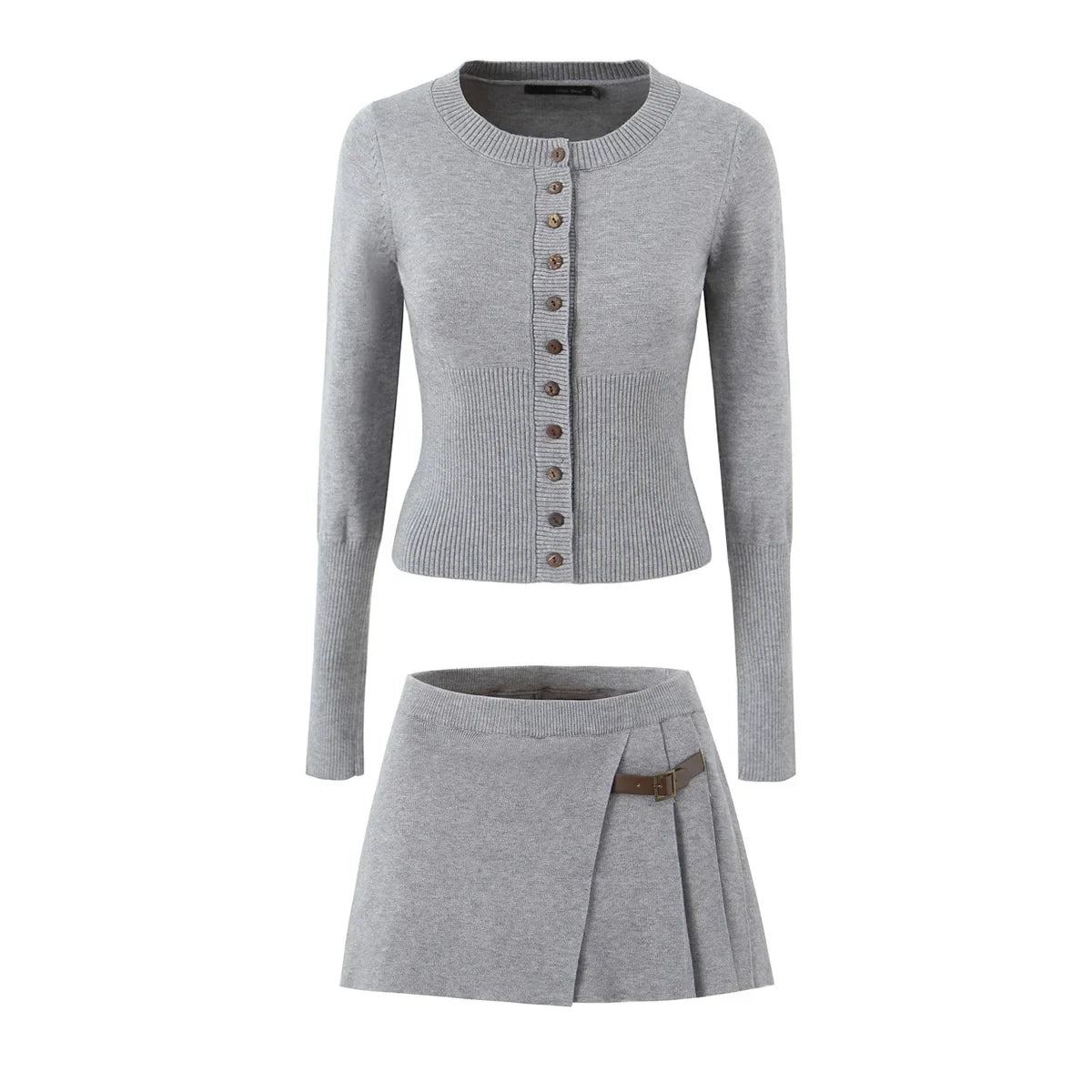 Knit Buttoned Long Sleeve Top And Pleated Mini Skirt