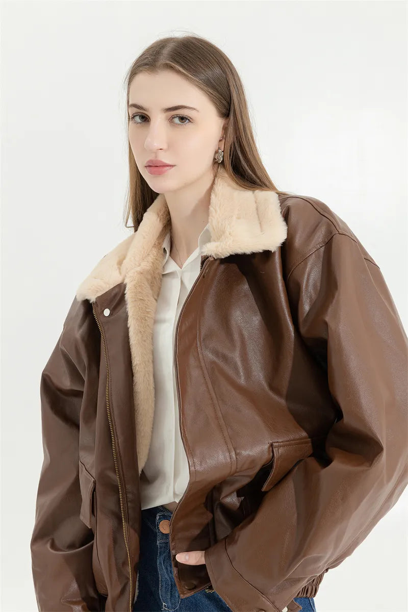 Faux Leather Lining Bomber Jacket