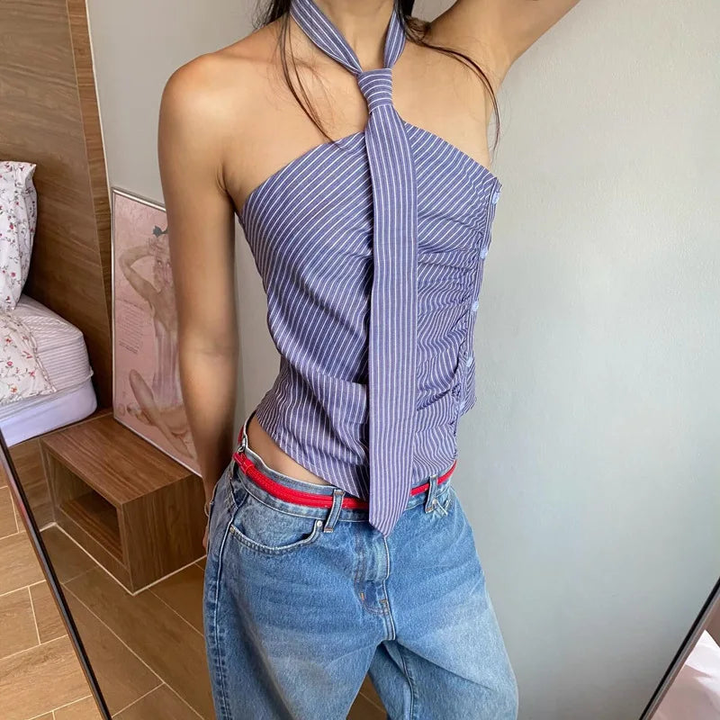 Blue Striped Halter Tie Detail Top