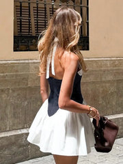 White Deep V-neck Halter Black Corset Mini Dress