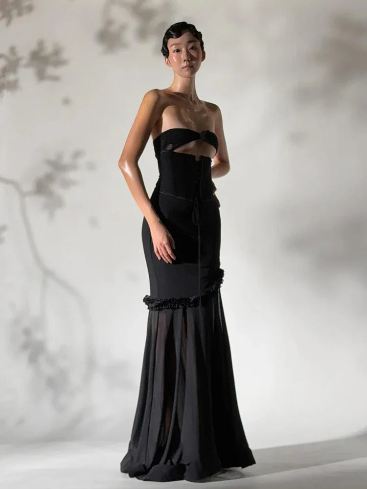 Strapless Cut Out Mesh Corset Ruffles Maxi Dress