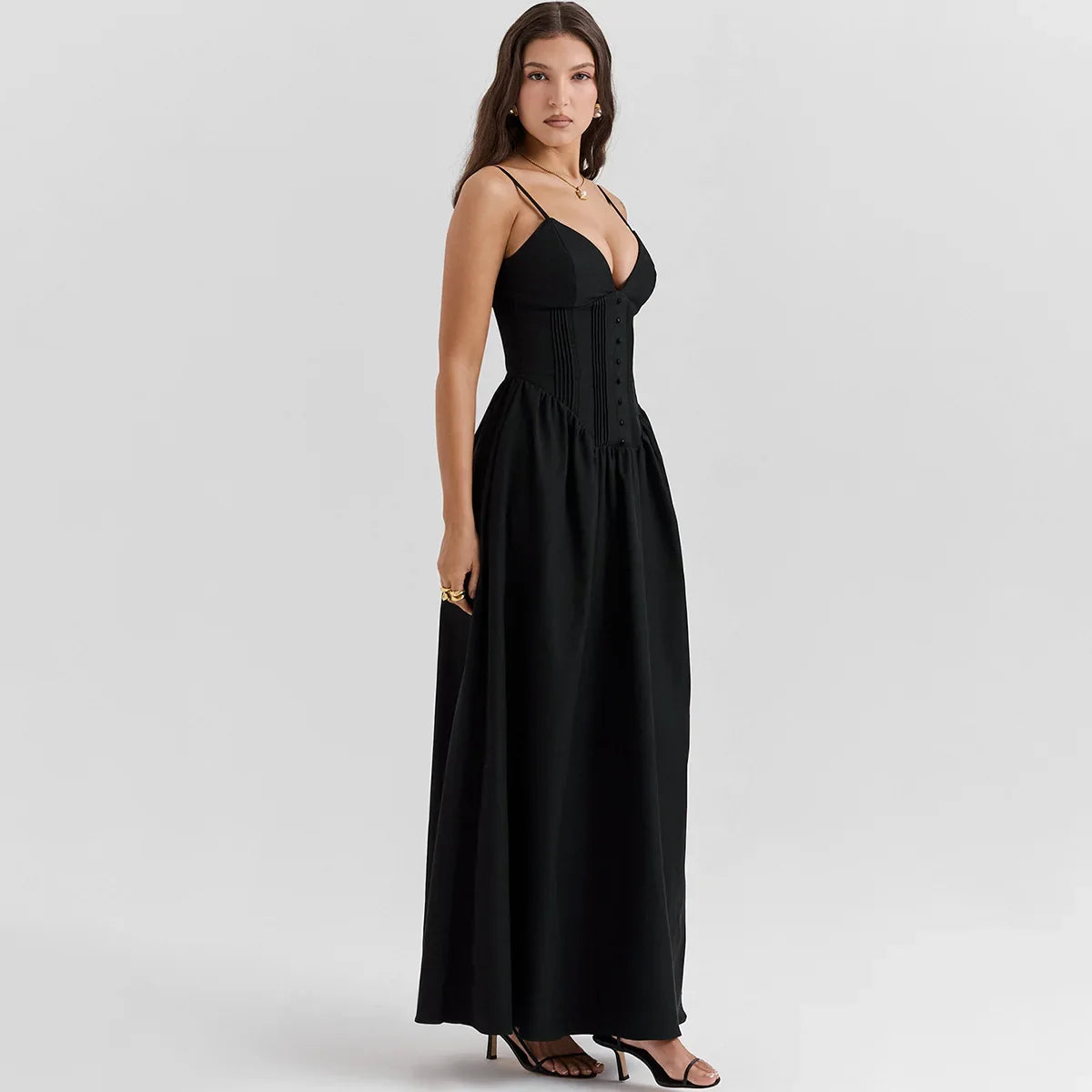 Black Buttoned  V-Neck Spaghetti Strap Maxi Dress