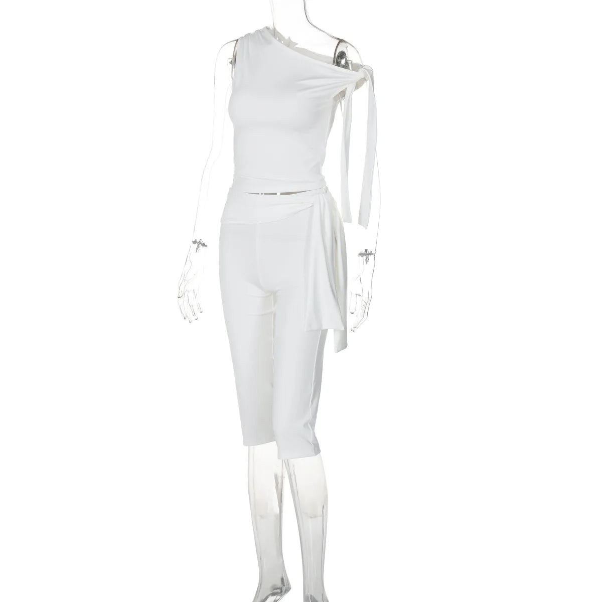 White One Shoulder Tie Up Top And Knee Length Pant Set