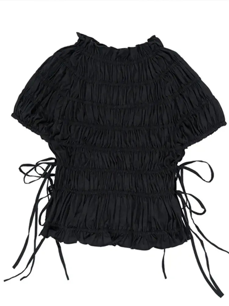 Ruched Short Sleeve Tie Up Top
