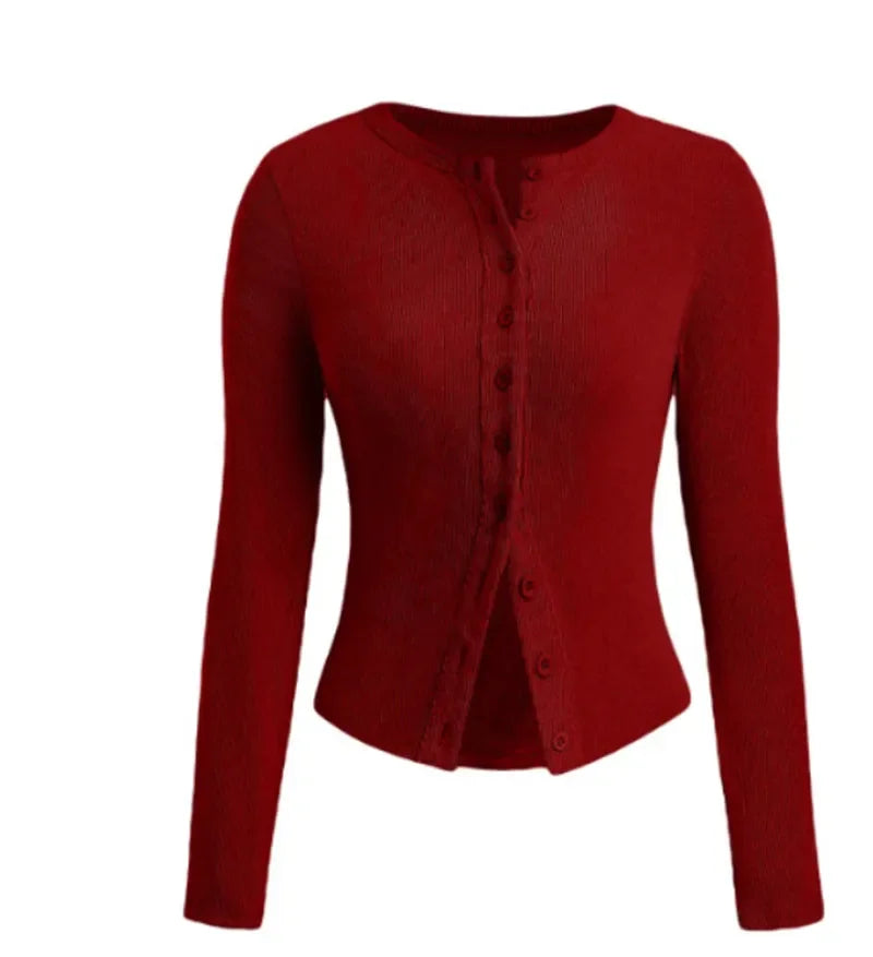 Ribbed Button Long Sleeve Top - Y2K Aesthetic