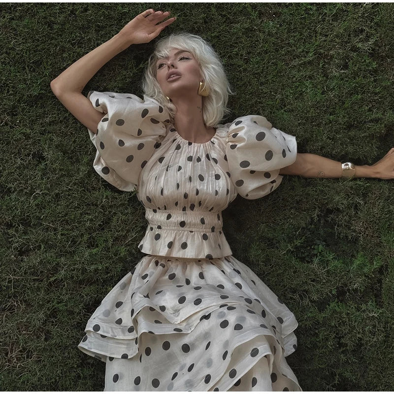Polka Dot Bubble Sleeve Top And Ruffles Maxi Skirt Set