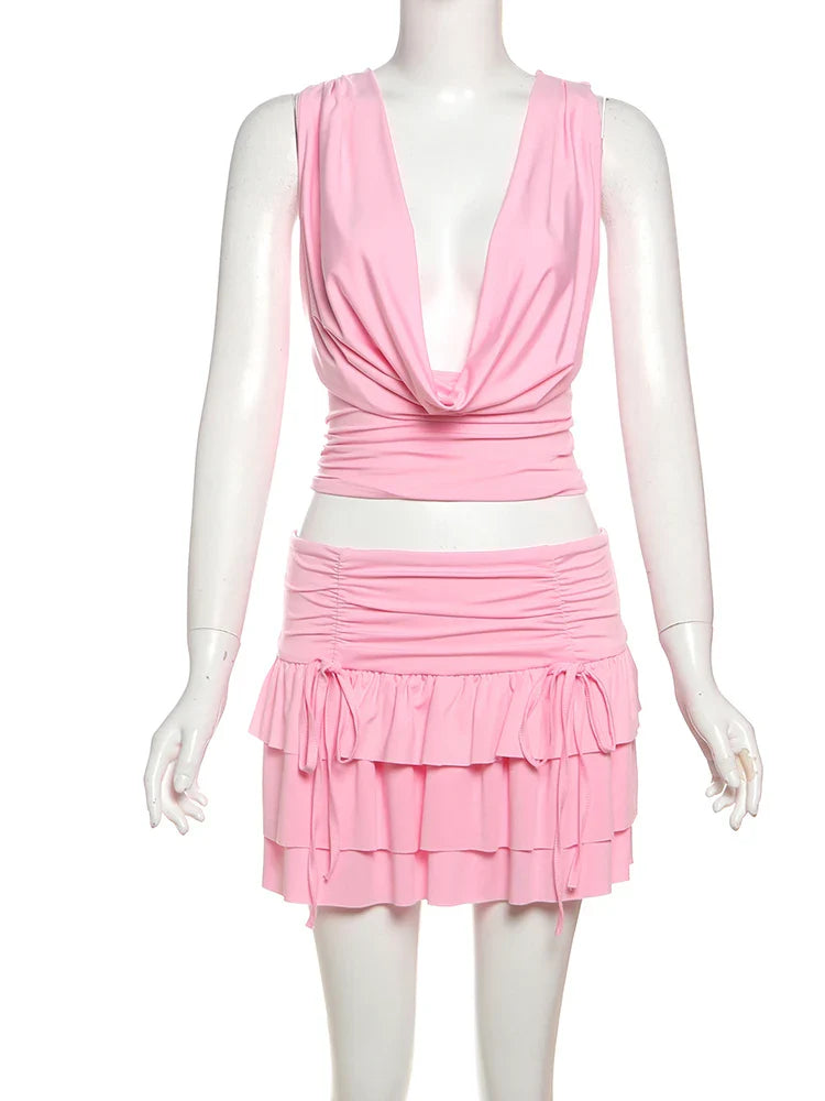 Deep Neck Back Tie Up Crop Top And Frill Mini Skirt Set