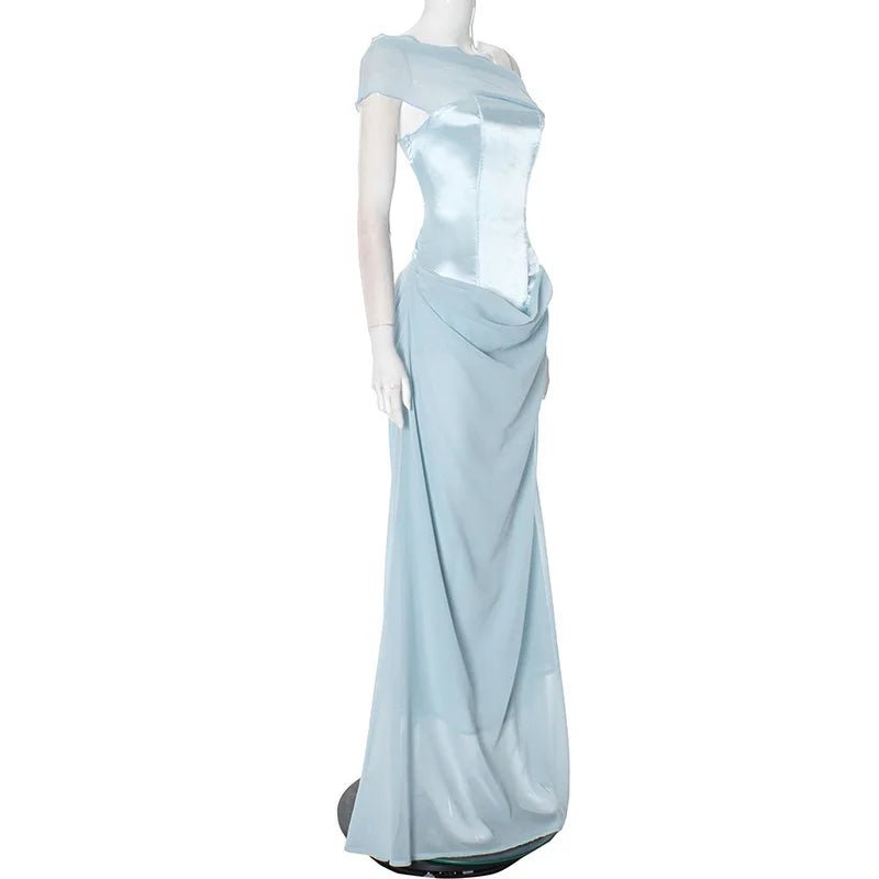 Blue Satin Corset Chiffon Off-shoulder Maxi Dress