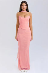 Solid Ruched Corset Top And Body-con Maxi Dress With Scarf Set