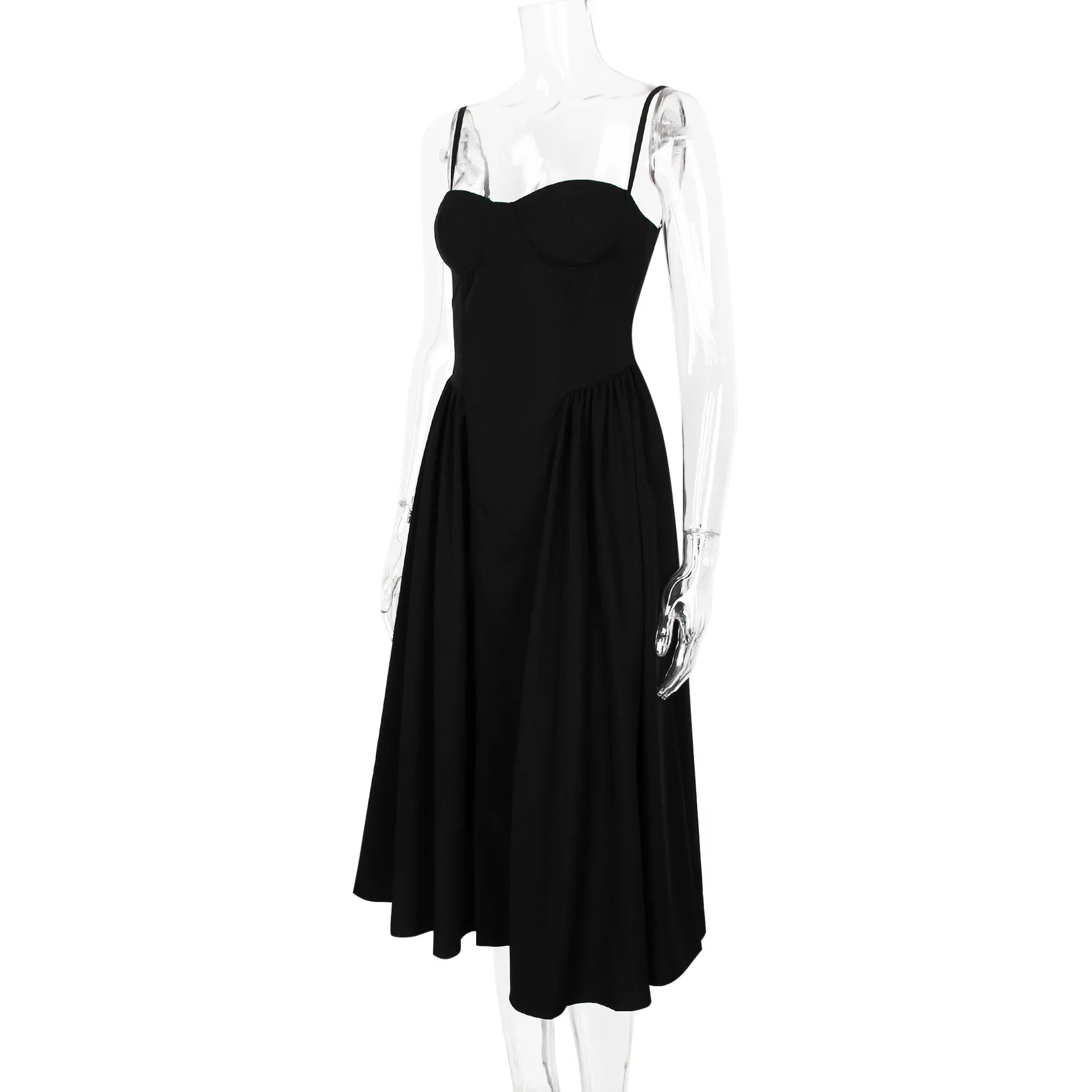 Solid Spaghetti Strap Bustier Pleated Midi Dress