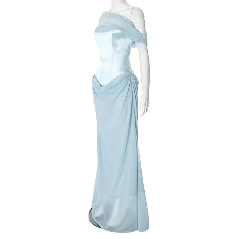Blue Satin Corset Chiffon Off-shoulder Maxi Dress