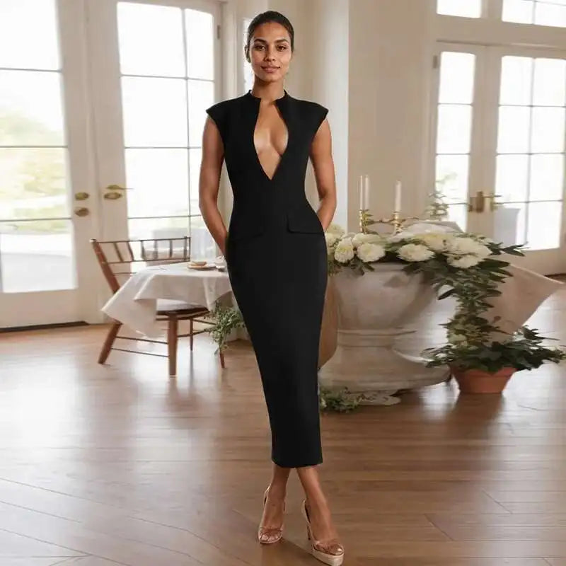 Deep Neck Short Sleeve Solid Midi Dress