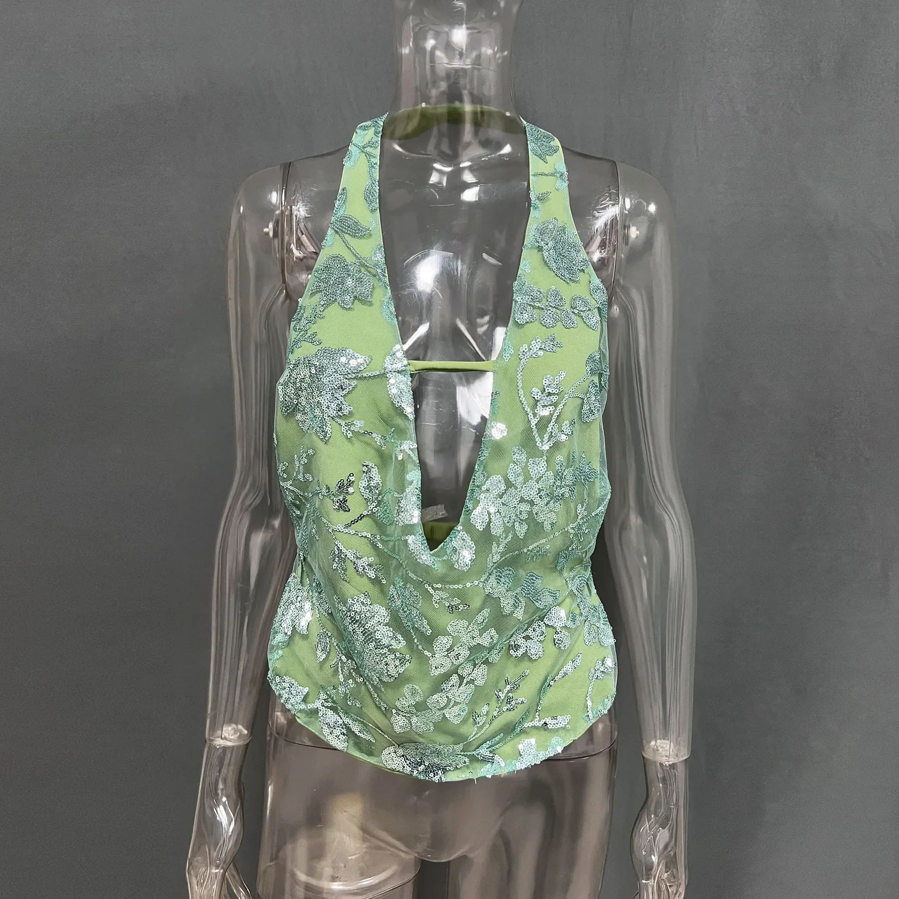 Embroidery Sequin Deep Neck Halter Open Back Top