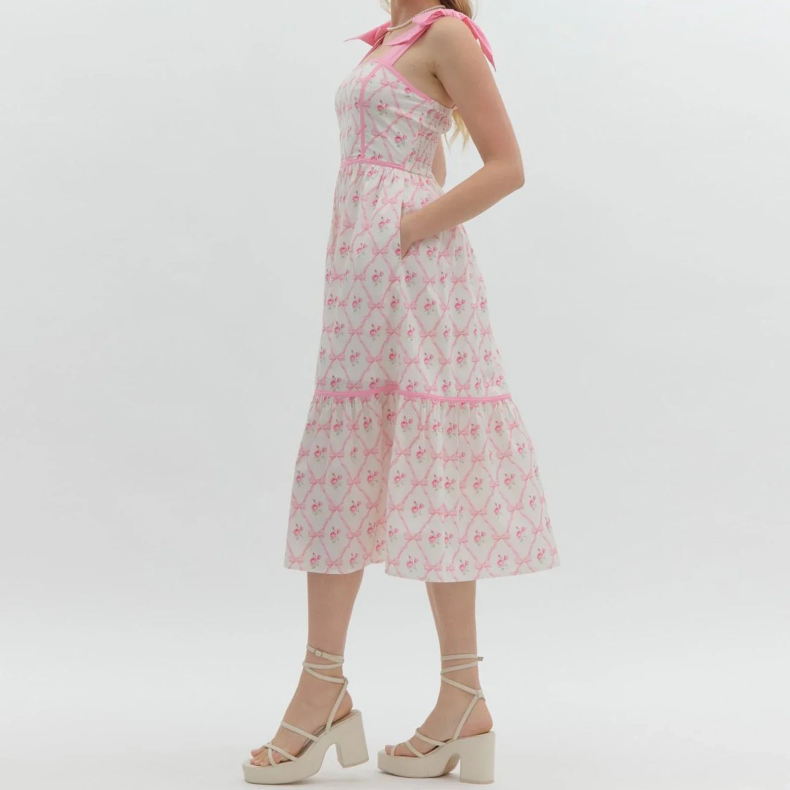 Effortless Printed Tiered Midi Dress - Square Neck with Tie Shoulder