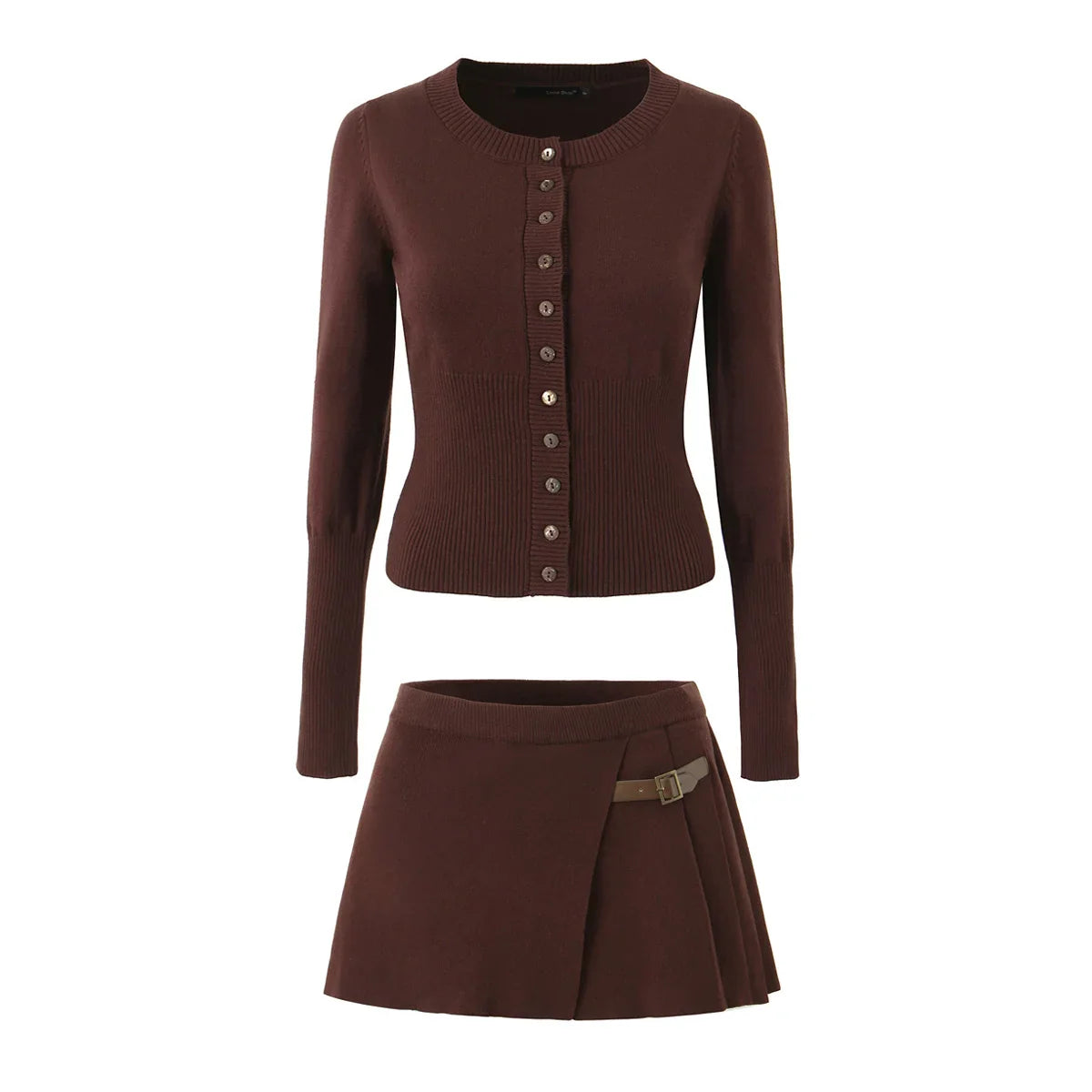 Knit Buttoned Long Sleeve Top And Pleated Mini Skirt