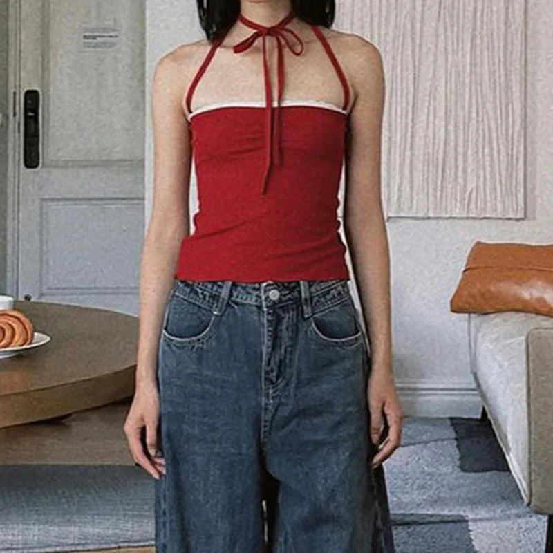 Red Lace Tie Up String Top