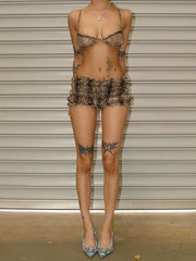 Leopard Print Ruffles Cami Bra Top and Shorts Set