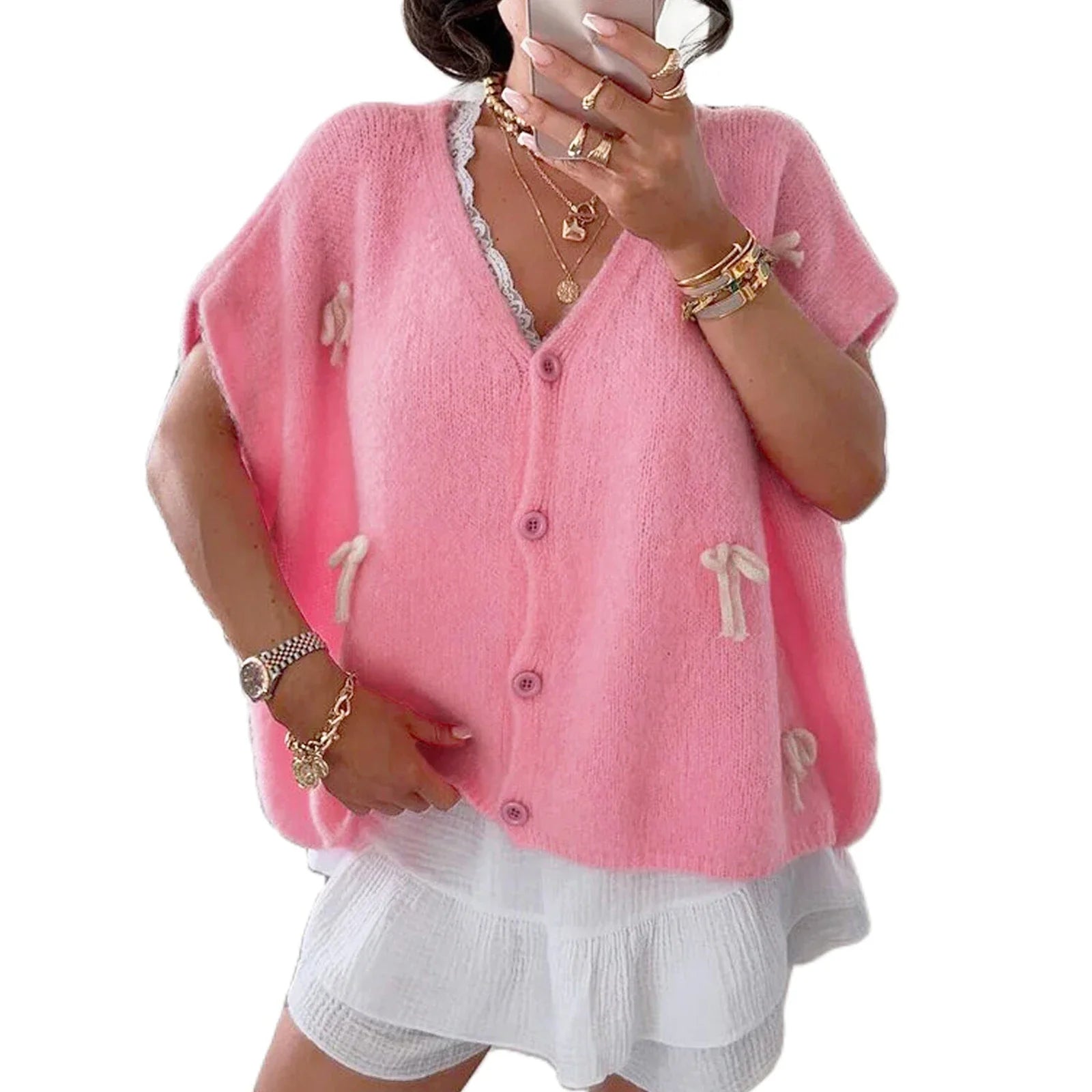 Bow V-Neck Short Sleeve Cardigan