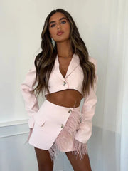 Pink Cropped Feather Blazer And Mini Skirt Two Piece Set
