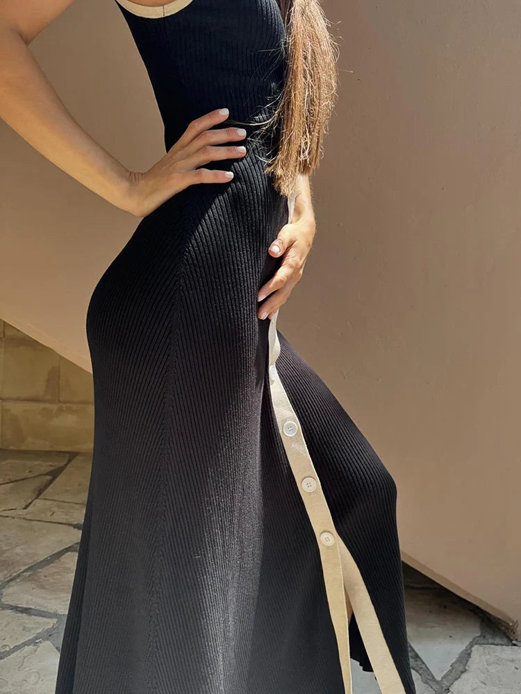 Strapless Contrast Stripe V-neck Midi Dress