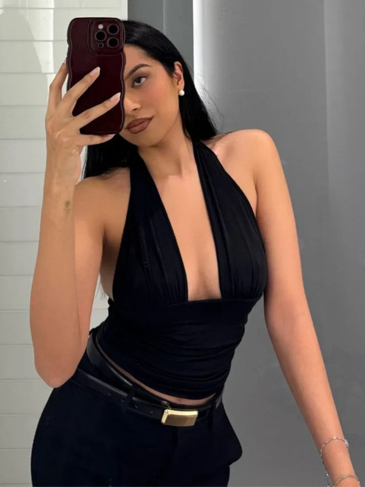 Deep Neck Halter Crop Top â€?Backless & Bold Fit