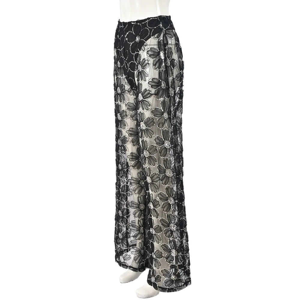 Black Mesh Floral Rhinestone Pants