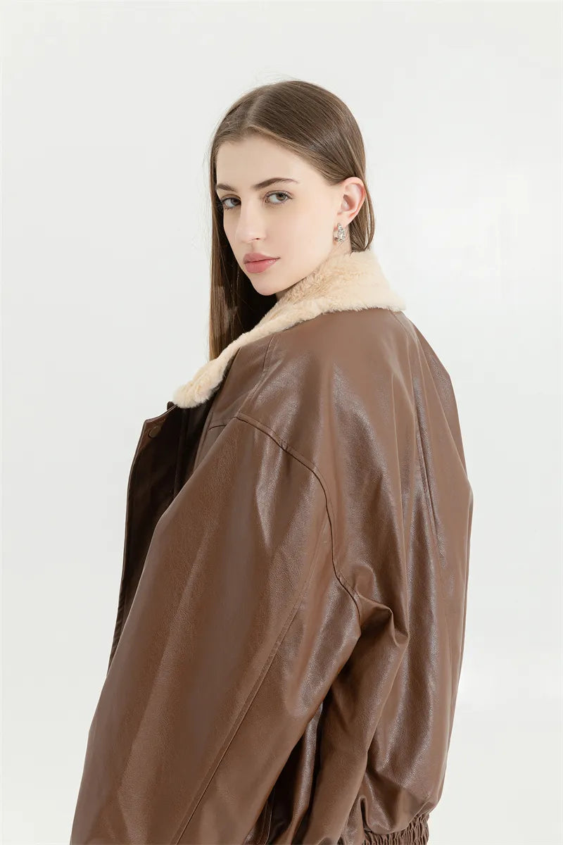 Faux Leather Lining Bomber Jacket