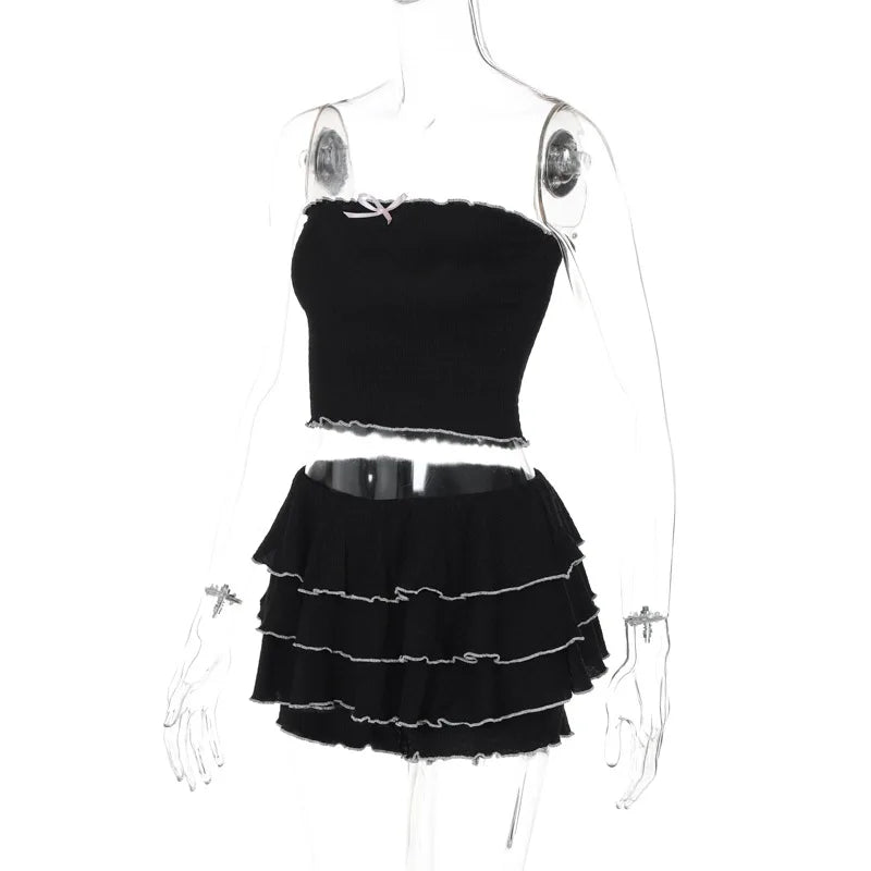 Black Bow Crop Top Ruffled Mini Skirt Set