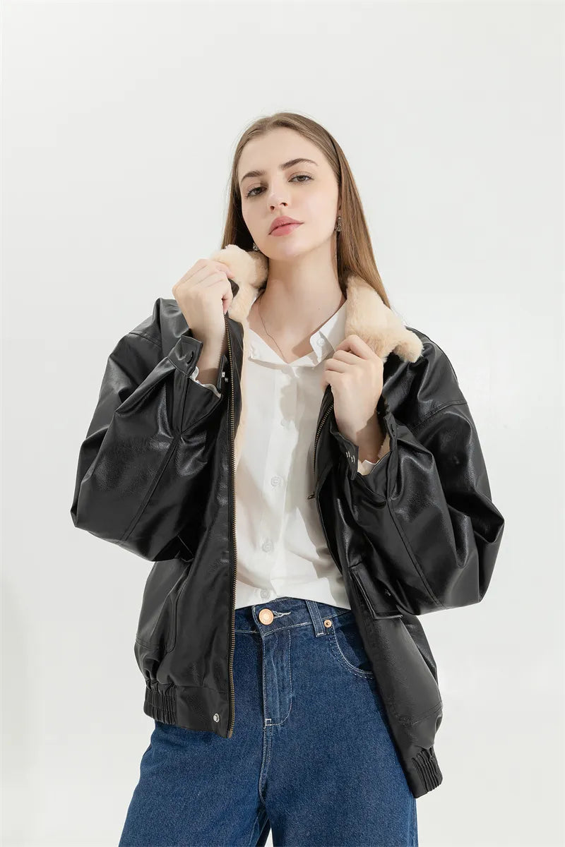 Faux Leather Lining Bomber Jacket