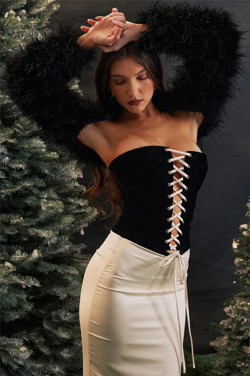Black Lace Up Corset Top And White Satin Midi Skirt Set