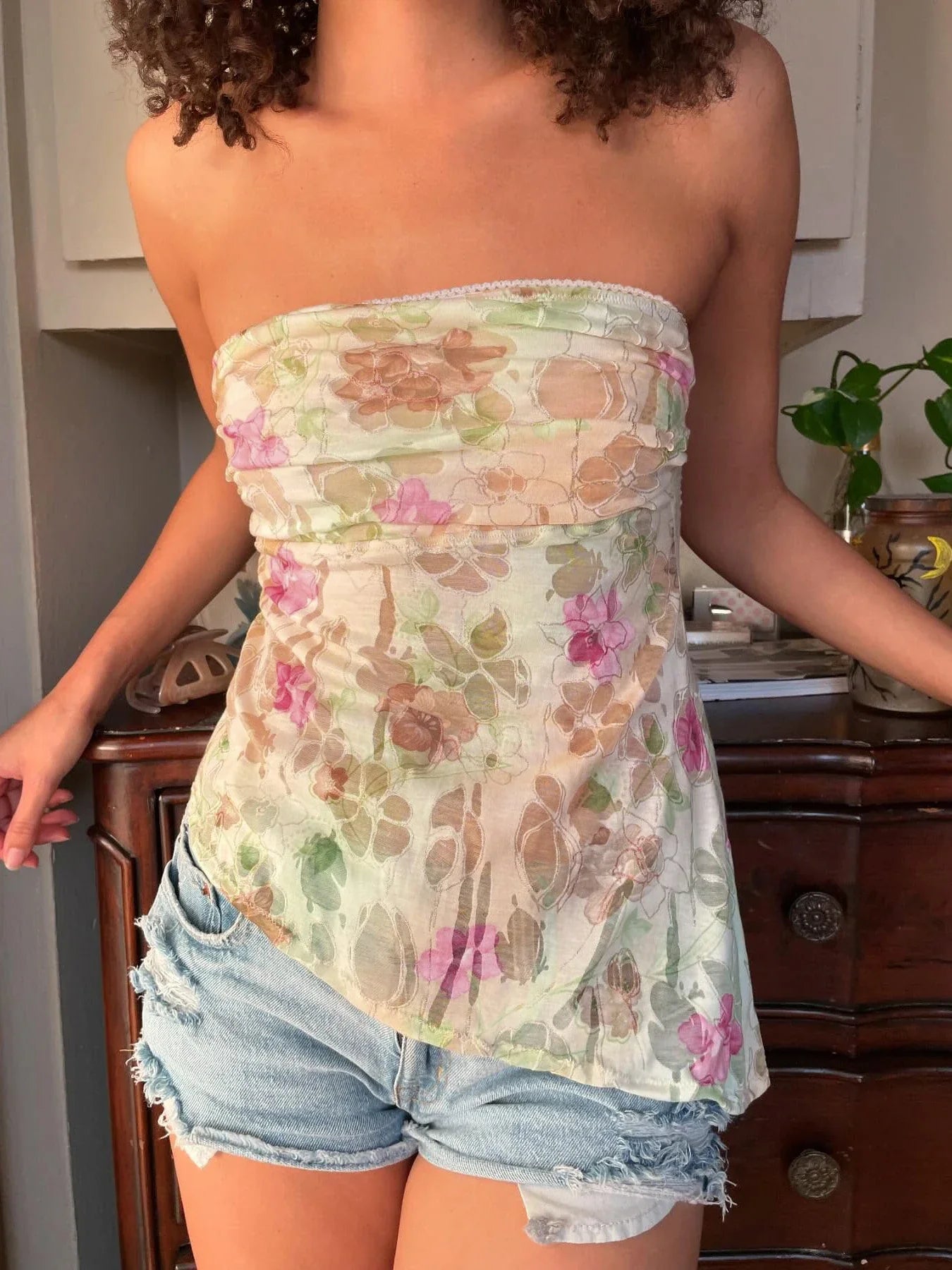 Floral Print Strapless Mesh Top - Vintage Knit Tank