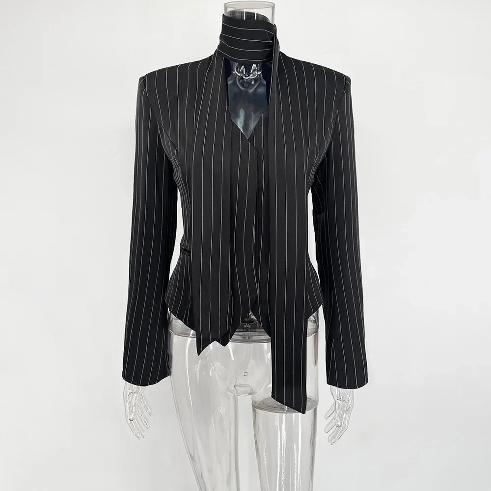 Stripe Tailored Coat With Scarf Top