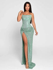 Sequin Spaghetti Strap High Split Long Dress