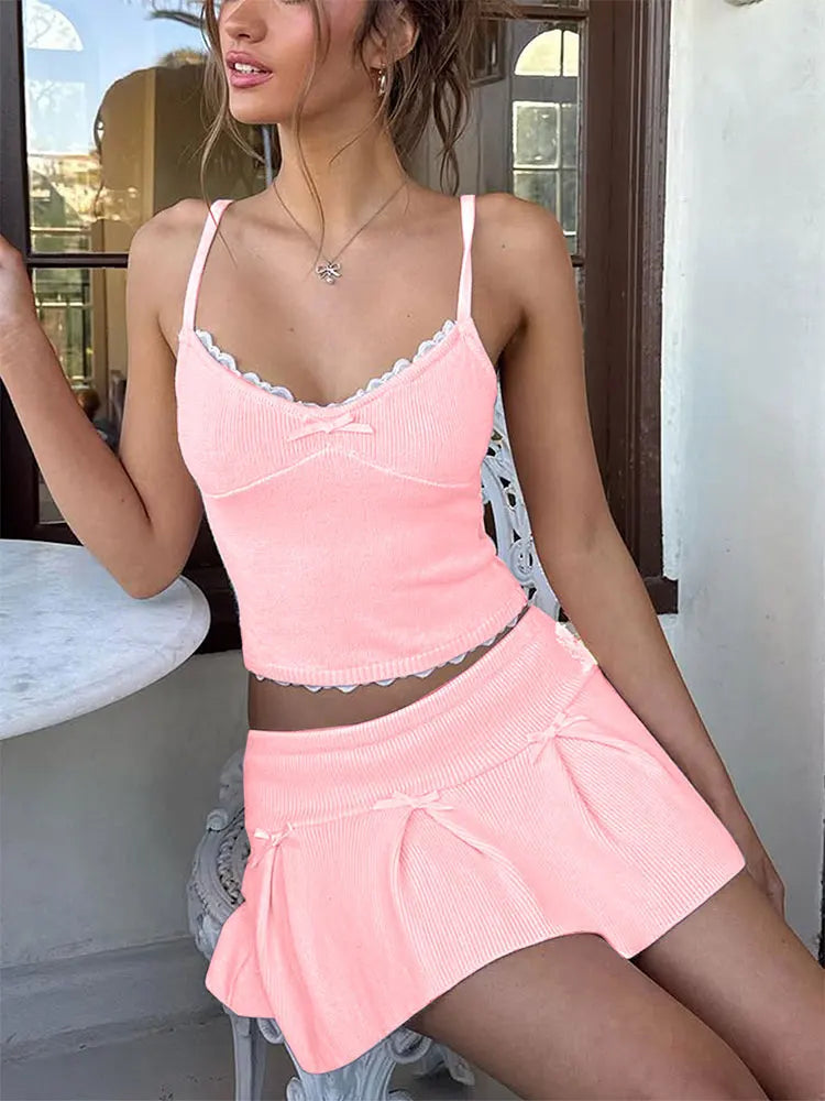 Pink Ribbed Cami Top And Bow Mini Skirt Set