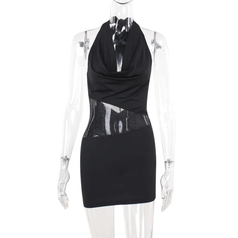 Black Halter Neck Patchwork Sequin Mesh Mini Dress