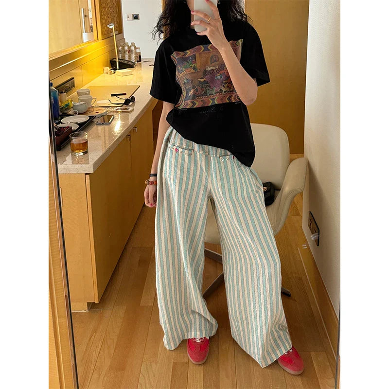Blue Striped Wide Leg Pants