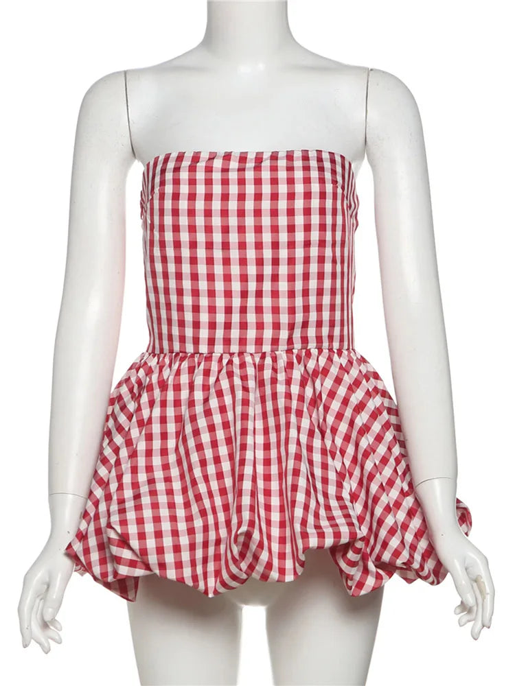 Red And White Checkered Print Strapless Top