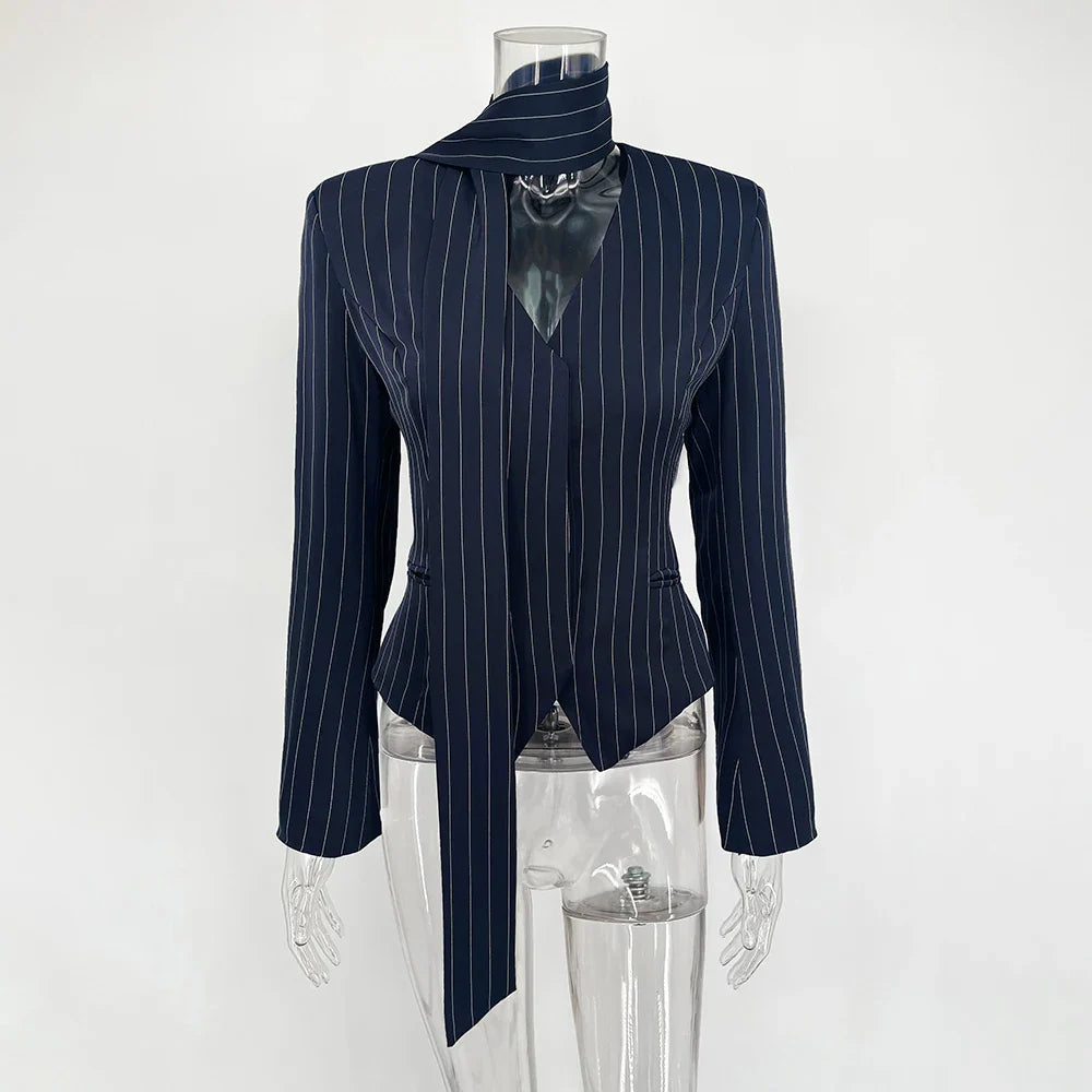 Stripe Tailored Coat With Scarf Top
