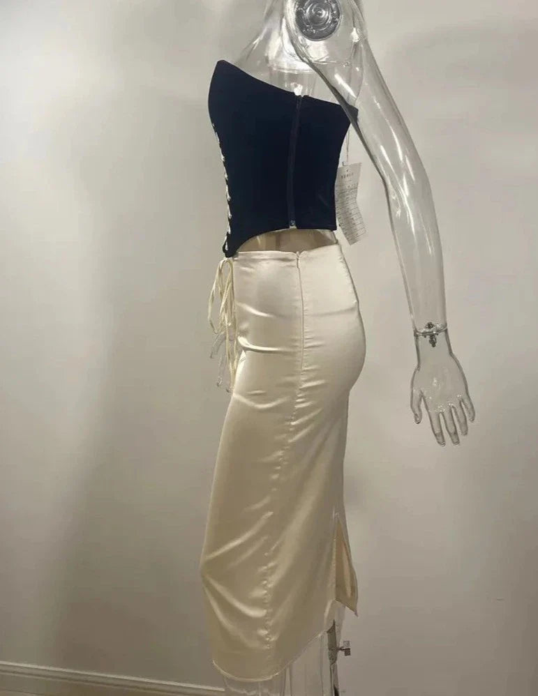Black Lace Up Corset Top And White Satin Midi Skirt Set