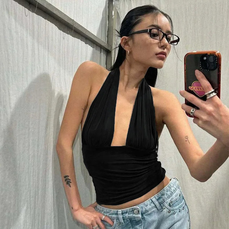 Deep Neck Halter Crop Top â€?Backless & Bold Fit