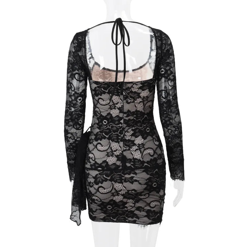 Black Long Sleeve Lace Bodycon Drape Mini Dress