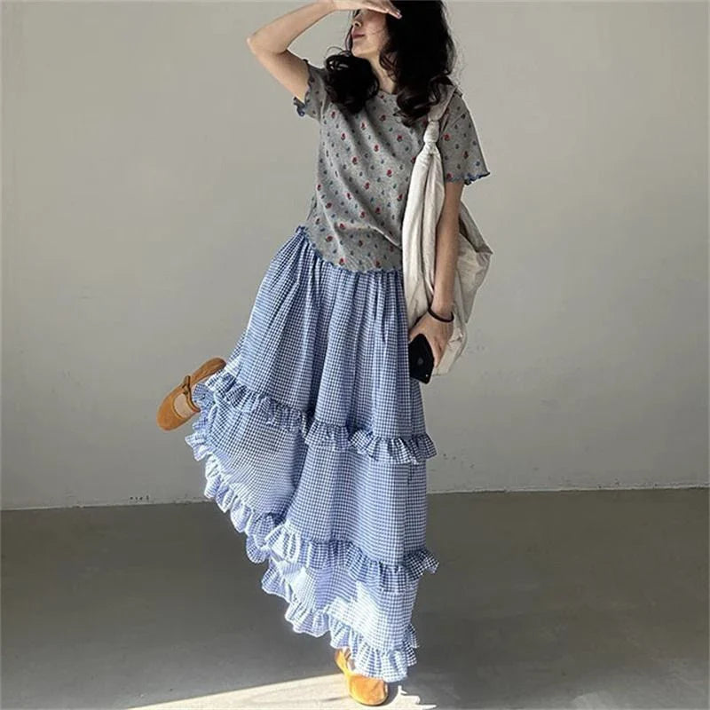 Blue Ruffles Plaid Long Skirt - Preppy A-Line