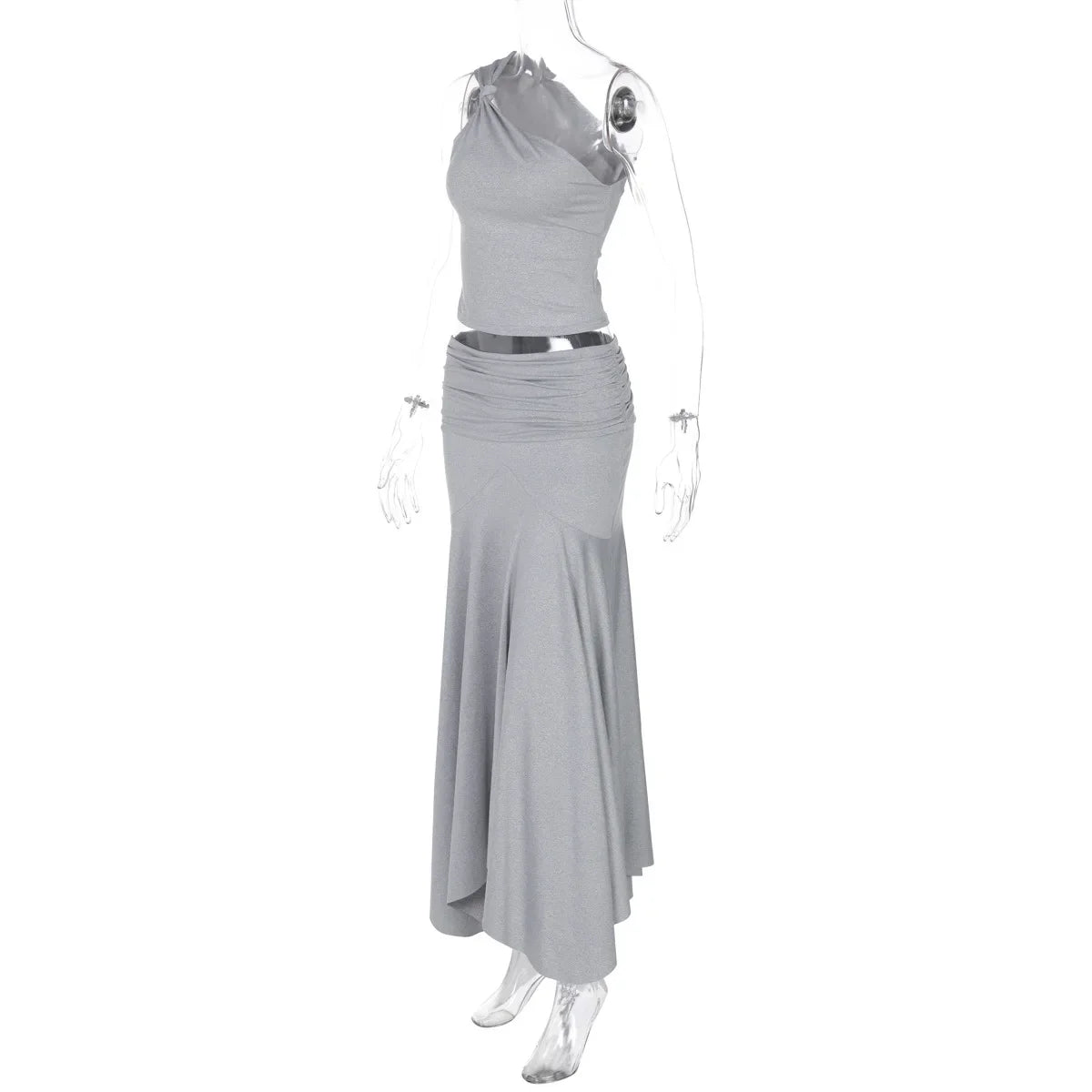 Knot One Shoulder Top And Ruched Midi Skirt Set