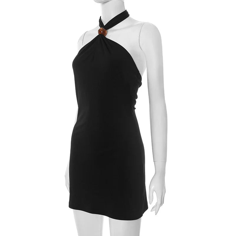 Black Solid Halter Bead Mini Dress