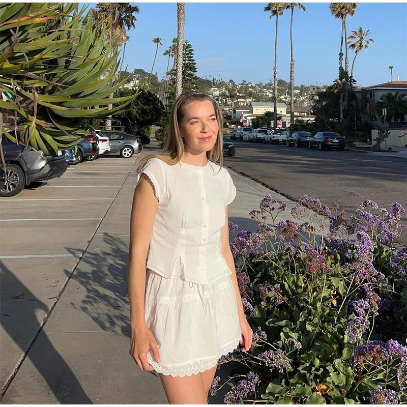 White Short Sleeve Top And Mini Skirt Set