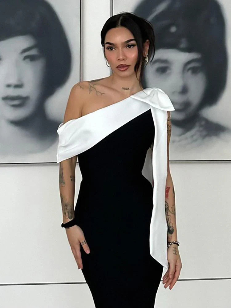 Black One Shoulder Contrast Tie Up  Midi Dress